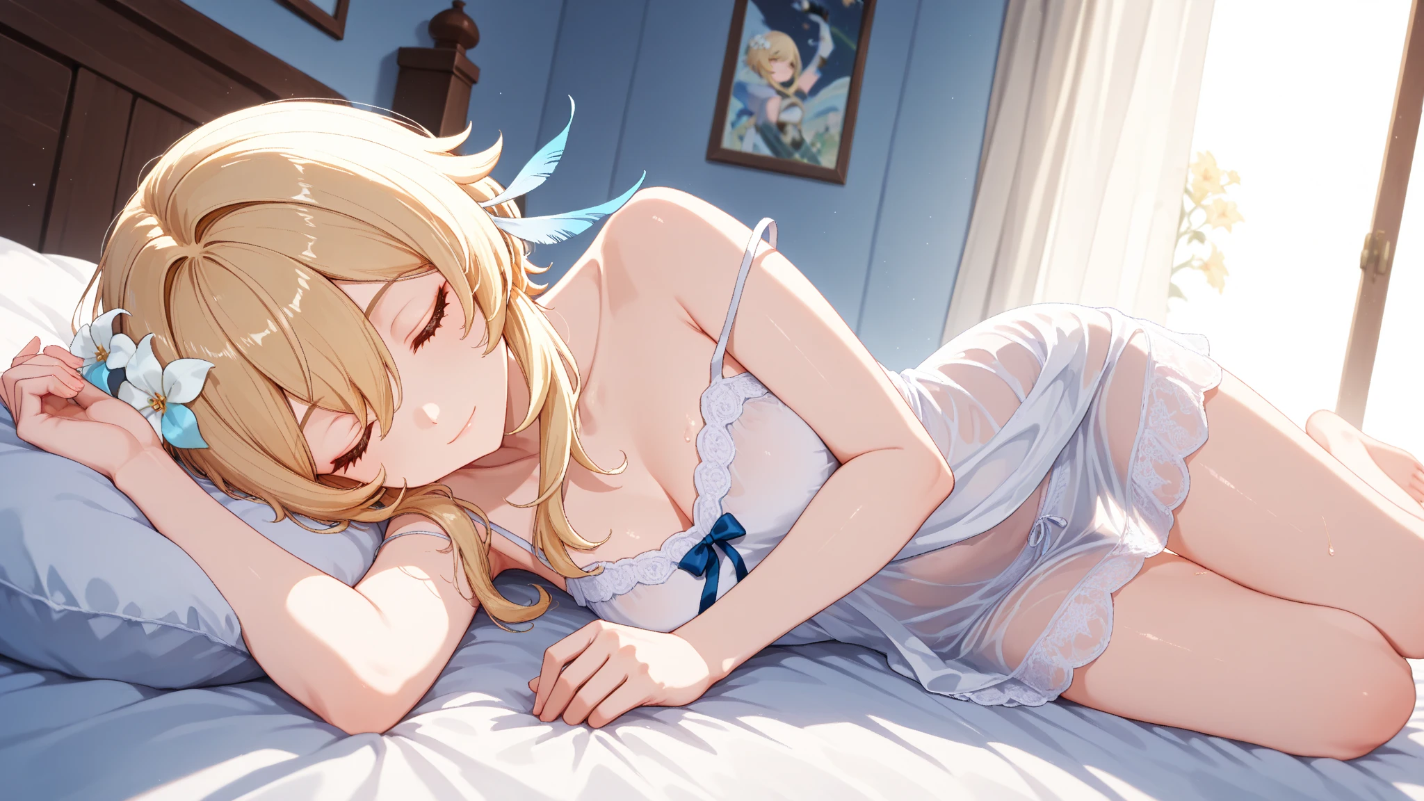 masterpiece, best quality, (extremely detailed CG unity 8k wallpaper, masterpiece, best quality, ultra-detailed, best shadow), (detailed background), (beautiful detailed face, beautiful detailed eyes), ((closed eyes)), High contrast, (best illumination, an extremely delicate and beautiful),(girl:1.5),((blonde hair woman nightgown painting volegov carl larsson)), ((caustic, sexy, charming, seductive)),laying, ((sleep on bed)), dynamic angle,beautiful detailed glow,full body, cowboy shot