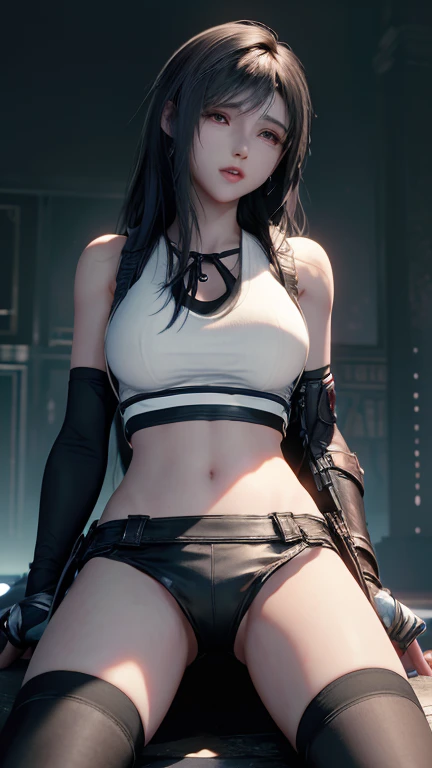 pureerosface_v1,  ulzzang-6500,  corneo_covering_breasts_one_arm, sexy pose, (8k, best quality, masterpiece:1.2), (realistic, photo-realistic:1.37), ultra-detailed,
1 girl,cute, solo, (tifa lockhart), (big breasts),(beautiful detailed eyes), (smile:1.2), (closed mouth), arms behind back,
neon lights, cityscape, depth of field, dark intense shadows, sharp focus, cars, motion blur, motor bikes, depth of field, good composition, green glowing light,
Final Fantasy VII, dating,(nose blush), single elbow pad, black hair, red shoes, muscular,abs,taut shirt,no bra,black skirt, thighhighs, full body, head rest, lips, pretty face, low-tied long hair, ((red_eyes)), yellow flowers, (night:1.3), intricate, bokeh, cinematic lighting, photon mapping, radiosity, physically-based rendering, (Tetsuya Nomura style)
