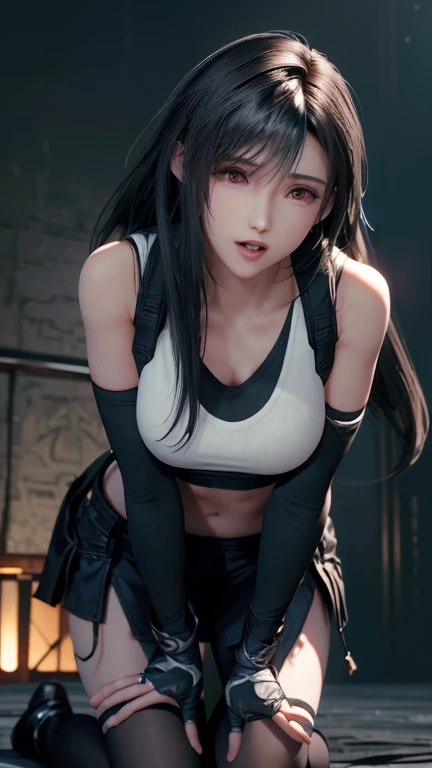 tifa, final fantasy 7 remake, (1 girl),((a solitary person)),shade of brown hair, a lot of sweat, masterpiece, ultra realistic 8k cg, very long hair, beautiful , , reddish brown eyes, (hard lights, hard shadow, key light, key lights), left only earpiece, stick earpiece, red earpiece, {one earpiece}, left earpiece, shiny skin, lace, lace trim, clean, beautiful face, pure face, pale skin, long hair, shiny skin, skindentation,Wearing combat gear,is exercising