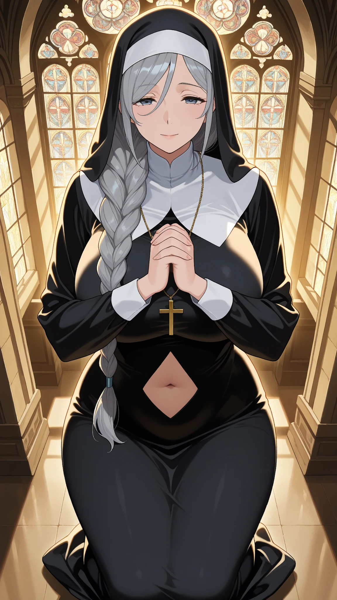 a woman nun big   bored serious sad emo sleepless eye sleep tired short black hair her pink eye wears a nuns suit shows navel and a gigantic long black skirt she tears off head person