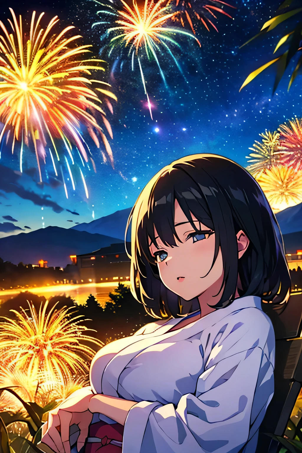 animation、high image quality、high resolution、one woman、sleeping in large letters、Yukata、fireworks in the night sky、fireworks display、Grass on the plateau
