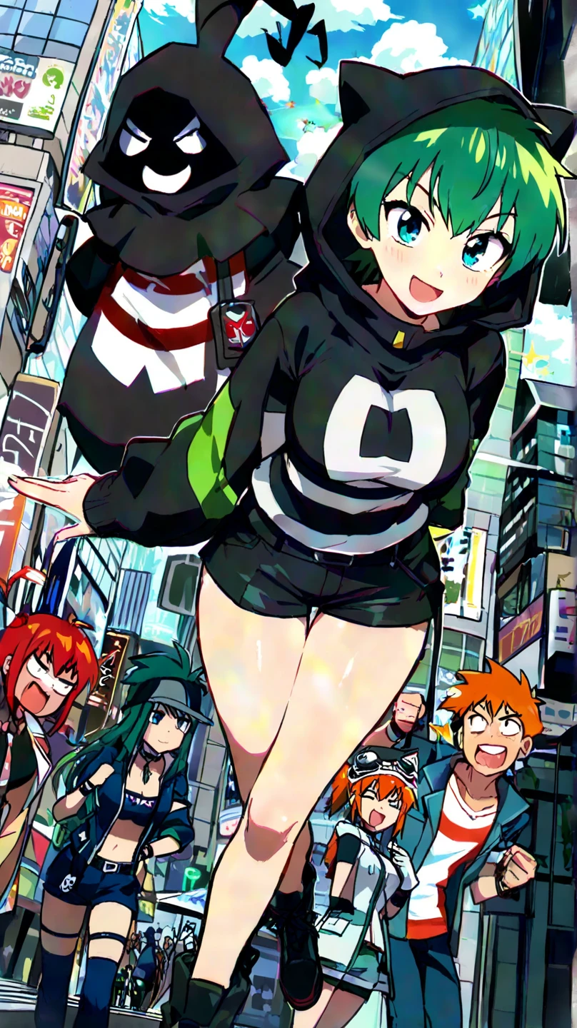 Ssxy woman, bra and panties, short green hair, knee high socks, sneakers, outside, on phone, busy street, casually standing, full body, crowded area, voyeurism