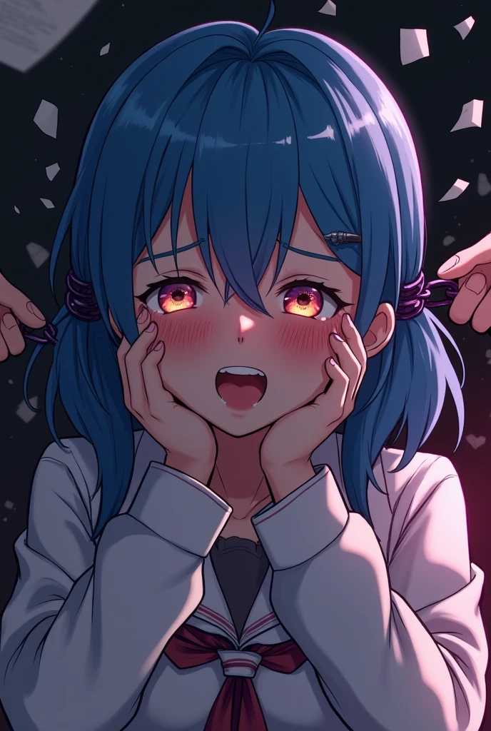 Anime girl with blue hair and pink eyes holding a teddy bear, Fubuki, Gapmoe Yander, Rei Hiroe, Giga Chade chorando, Sayori, perturbado, Yandere, crying big blue tears, anime moe artstyle, Ayanami, Rei Ayanami, very sad emotion, Menina do anime chamada Lucy, com cabelos azuis