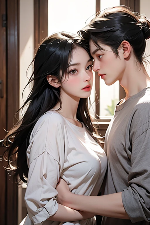Please create an image of a stunning beauty who is half French and half Japanese. She has an exceptionally beautiful face, with striking blue eyes and long, straight blonde hair. She wears a cute dress and has a furrowed brow expression, as if expressing anger and dissatisfaction. The second person is a man with black hair and long bangs. He wears a T-shirt and denim. His expression appears sad. The composition should depict both of them in an upper body close-up, engaged in an argument. The beauty should be on the right, and the man on the left, facing each other and arguing. Their eyes meet, and they exchange heated words. The background is a room