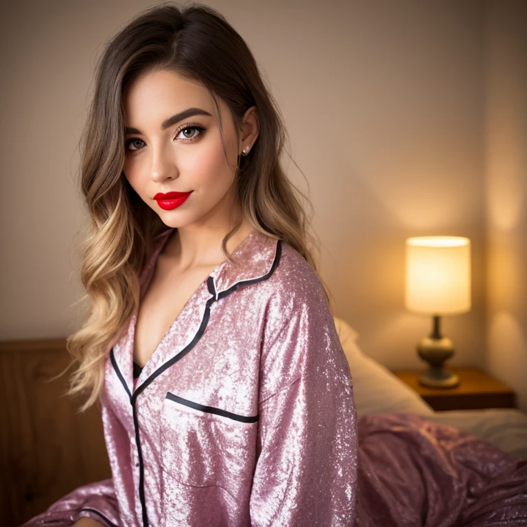 (masterpiece, photorealistic:1.4, extremely intricate:1.3), (photon mapping, radiosity, physically based rendering, ultra resolution, hyper-realistic, photorealistic:1.4, hyper-realistic, 8K), ((((solo, 1girl) female, (mysterious, smirk, bright lipstick)), makeup:1.2)), dark room, dark background, black background, solo, BREAK; BREAK ((((ginger wavy hair, [green eyes:blue eyes:0.8])))), (freckles: 0.6), ((body tattoo: 0.9)), ((fujicolor)), (((([large breasts:medium breasts:0.1], (bedroom, (loose silk pink pajamas)), ((facedown on bed, closeup, decolletage))), dark bedsheet, bokeh, sharp focus)))