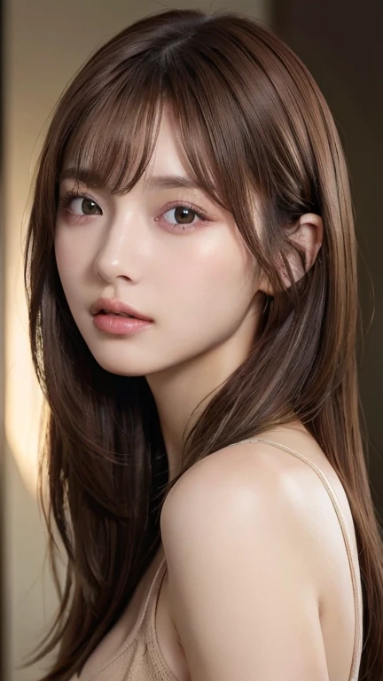 (masterpiece:1.5)、(8K)、(Photorealsitic:1.5)、Raw photography、(Top image quality:1.4)、(foco nítido:1.5)、
top-quality、masterpiece、超A high resolution、very detailed and professional lighting、
23 years old、slender、prety woman:1.4、serious facial expression、
In the living room where the morning sun shines、is standing、randome pose、
Wearing a tank top、
light brown hair、poneyTail、Glowing hair、
Super Detail Face、A detailed eye、二重まぶた、
Natural Color Lip、Transparent skin、