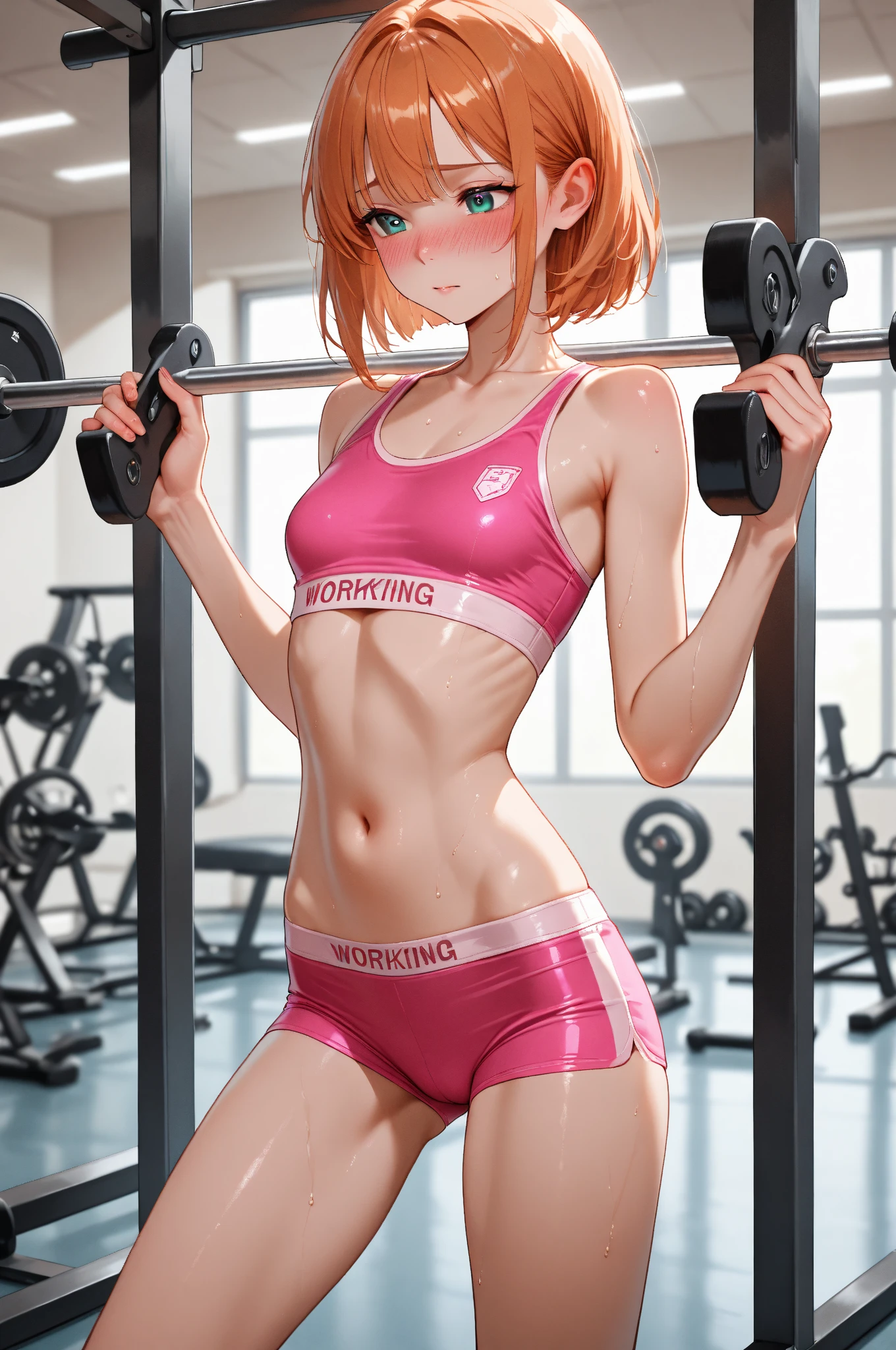 a woman wearing a gym uniform, red shirt with exported abs, black sports shorts, sports shoes, short blonde hair with red bangs, brown eyes, big breasts, smiling, in a gym working out,HDR, ultra resolution, very detailed, masterpiece, ultra quality, 4K HD. (solo, just one woman)
