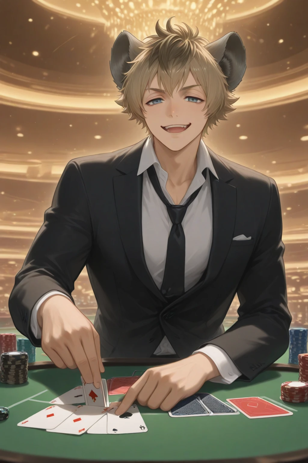 score_9, score_8_up, score_7_up, source_anime BREAK 1boy, solo, <lora:benny-fnv-richy-v1_pdxl:1> benny, brown hair, short hair, checkered suit, black necktie, grey pants, casino, roulette table, grin, looking at viewer