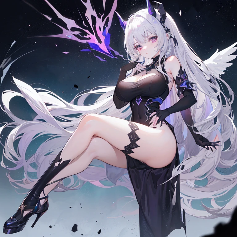 Dragon on background、Dragon is flying、gorgeous silver princess、Female Solo 、full body Esbian、Feeling of sprinting、long-haired、cleavage of the breast、Small breasts、Long coat in black、neons、look down on, Looking at the camera、mobster、 neonsレーザー、neons感、