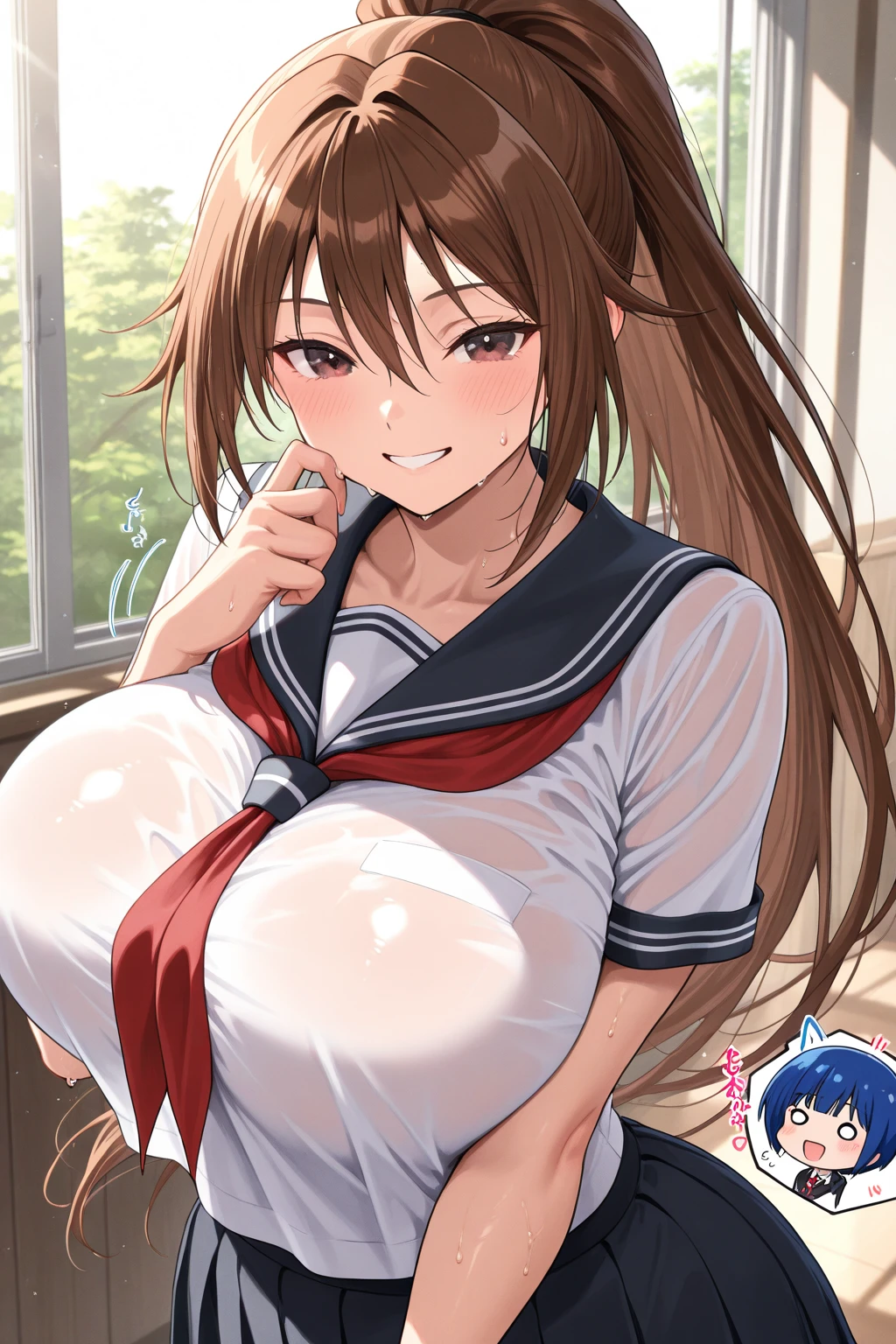 Score_9, score_8_up, score_7_up, score_6_up, score_5_up, score_4_up, source_anime, solo, 1girl, cute student, young female, sagging gigantic huge breasts, wide hips, thick thighs, huge areolae, areola slip, black areolae, tanned skin, in classroom, sideview, detailed eyes, brown eyes, looking at viewer, crowded, sailor uniform, sleeveless, bracelet, ahegao, collarbone, head tilt, very hairy stomach hair, showing armpit, hairy armpit hair, bukkake, sperm on armpit, cum shot, sperm, sex with big penis boy, Japanese, hentai, crowded, having sex, sex from behind, side view, pov, spreading legs, hand behind the head, fecundation mark, raping, inserting penis, sex posing, sweating, blowjob