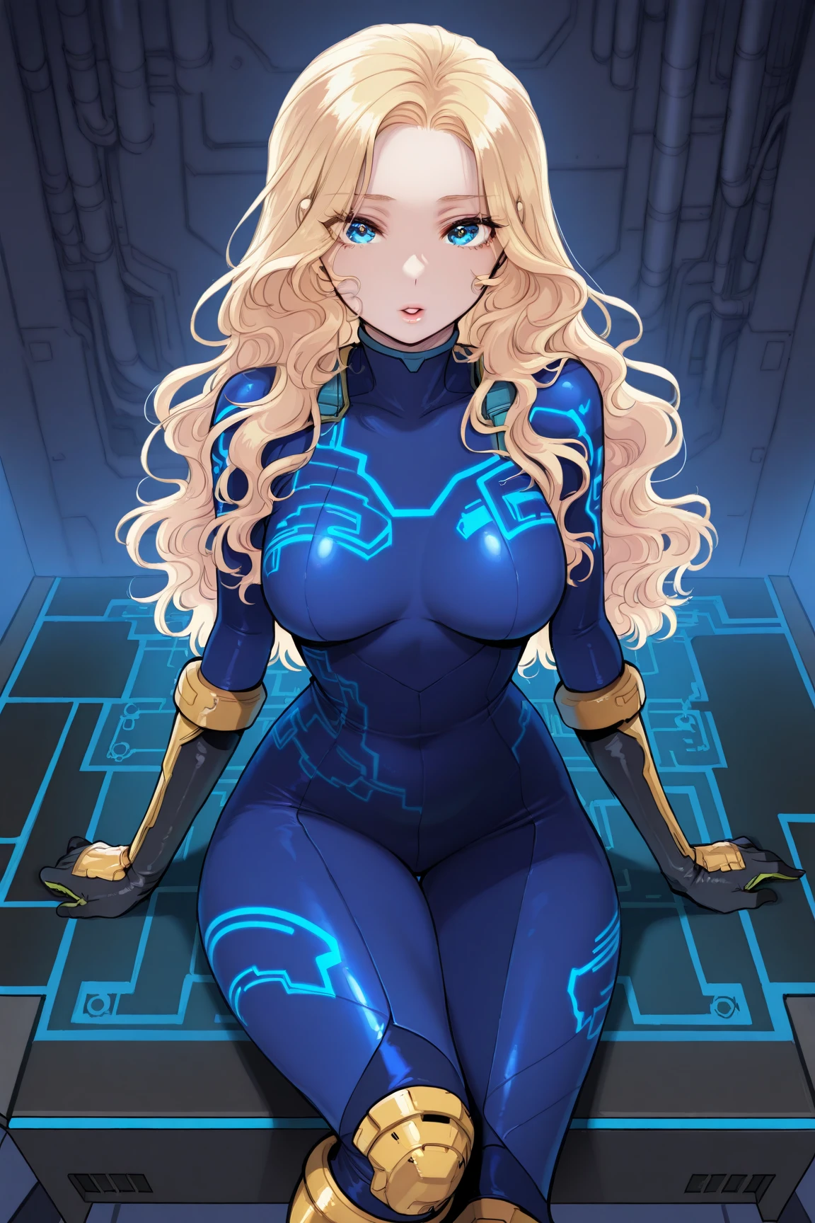 masterpiece, ultra high quality CG, best quality, perfect picture, solo, 1 woman, she is magik (long blond hair whith bangs, blue eyes, strong), wearing a sexy futuristic space superhero outfit, shoulders showing, in a spaceship, depth of field, highly detailed background, oiled body, perfect lights, hdr, 8k, cosmic lights, magic portal,