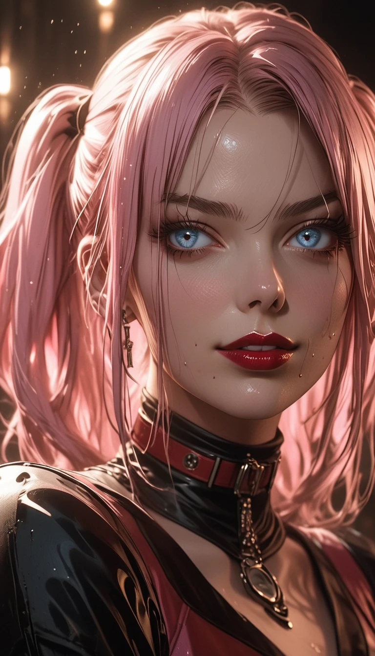 (best quality,4k,8k,highres,masterpiece:1.2),ultra-detailed,(realistic,photorealistic,photo-realistic:1.37),succubus,pink and black outfit,red eyes,white glittery hat,detailed facial features,detailed eyes,detailed lips,beautiful skin,flowing hair,seductive pose,dark fantasy,chiaroscuro lighting,rich color palette,dramatic shadows,ethereal atmosphere