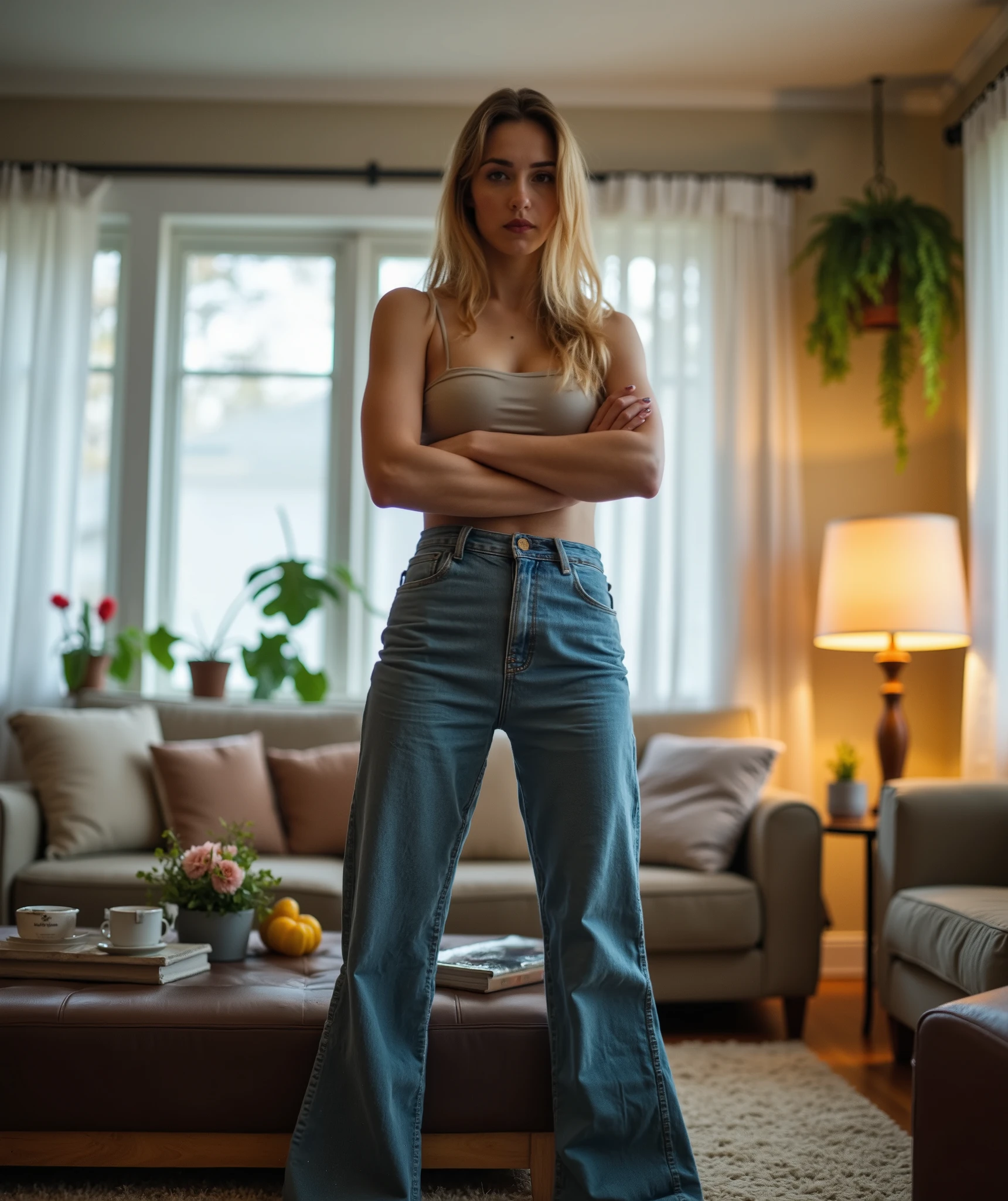 imposing upward view of girlfriend looming over camera, 1girl, young, flat-chested, narrow hips, high-waisted jeans hugging curves, flared hems, arms crossed authoritatively, looking down with controlled intensity, natural lighting emphasizing height and power stance, in the living room