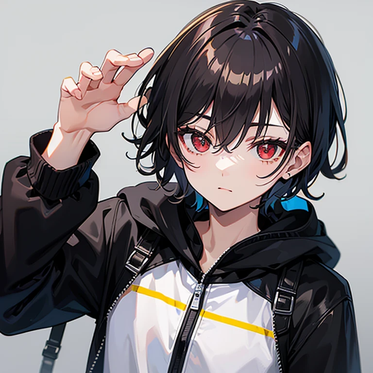 4K, (work of art), highest quallity, 2d, ((rebeld boy)), (teenage anime boy), black jacket, cold, selfie, short hair, red hair, heterochromatic eyes, full height, clean eyes, black eyelash, (intrincado detalhado), dramatic, makoto shinkai, purple eyes, in your room, serious, rainy, dinamical pose, boy anime