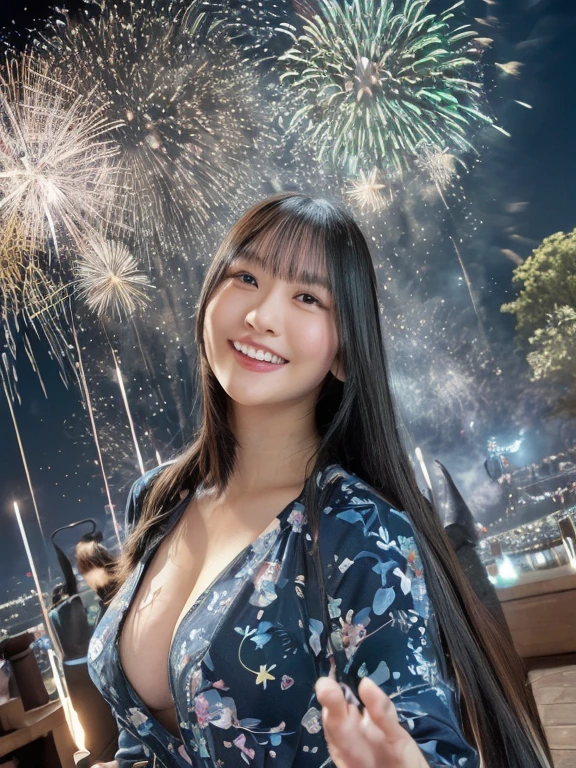 ((Night Scene, Realistic Light, Best Quality, 8K, Masterpiece: 1.3)), 1 Girl, Slim Body Beauty: 1.4, Brown Hair, (Big: 1.3), Off Shoulder Cut Top: 1.3, Ultra Detailed Face, Detail Eyes, Double Eyelids, Fountain, Castle, Fireworks, Smile, Cleavage, Saggy, Bikini, Beach, Tropical Country, Sea