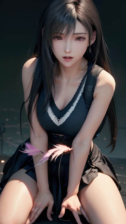 Masterpiece, highest quality, high resolution, interior, detail maniac, high definition, high quality, detailed face, detailed body limbs, detailed five fingers, 1girl, solo, Hinata Hinata, Hyuga sleeveless clothing, bed, sleeveless shirt, fishnet garment, dark lips, unzipped jacket, no bra, tong, exposed breasts, blushing, white light stockings, transparent clothes, exposed pubic hair, camel fingers,