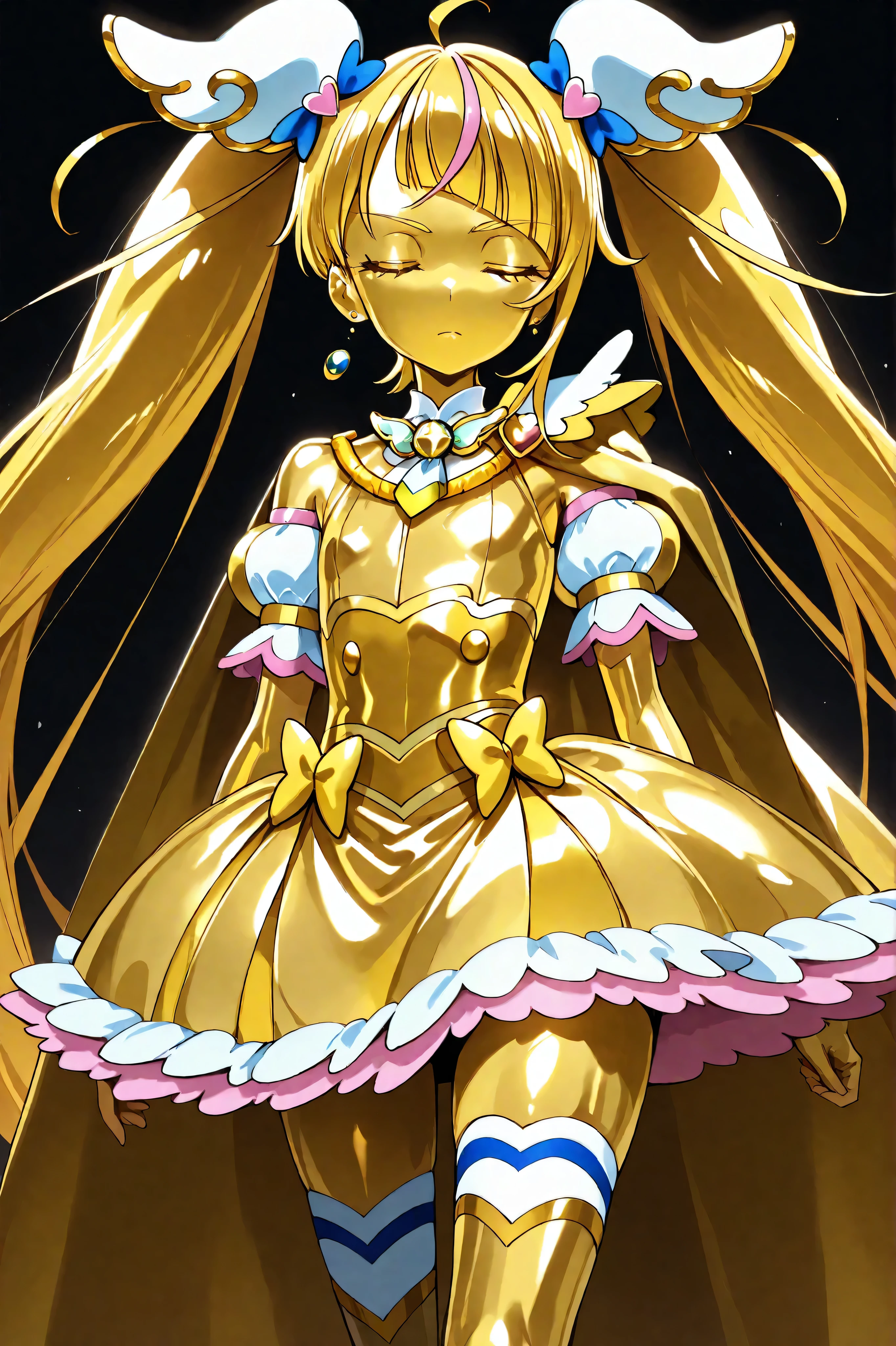 Cure Sky, masterpiece, best quality, Newest, very high definition, closed eyes, yellow hair, yellow sclera, closed mouth, No students, Yellow skin, glossy skin, metal skin, Black eyebrows, Slanted eyebrows, 1girl, solo, cowboy shot, standing, dynamic, watching viewers, sleeping, Serious Expression, black background, Hands on Her Hips, Gold_butterfly hair ornament, Long Hair, Gold_Knee Socks, 太ももまで長いKnee Socks, Magical Girl, Gold_skirt, under skirt, hair ornament, Gold_gem, Gold_gloves, Gold_Twin Tails, Gold_ribbon, golden hair ornament, Gold_cloak, metallic outfit, Everything you wear on your body is gold