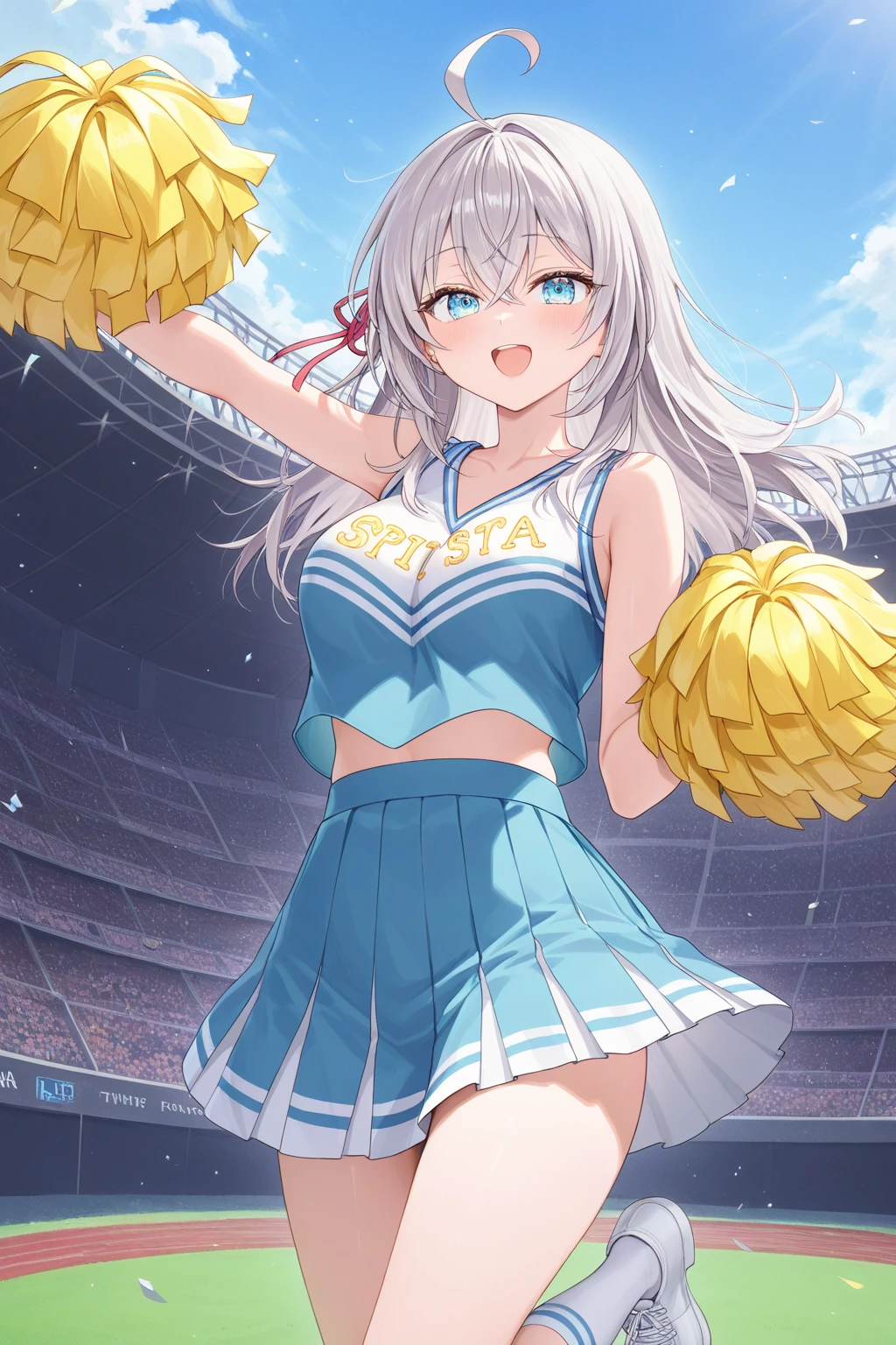 1girl, best quality, perfect hands, very long hair, white hair, white thighhighs, navel, bare arms, twintails, hair bow, very short skirt, cheerleader, cheergirl, blush, profuse sweating, wet, wet clothes, wet body, :d, closed eyes, armpits, happy, hand-cranked cheering flower, happy smile