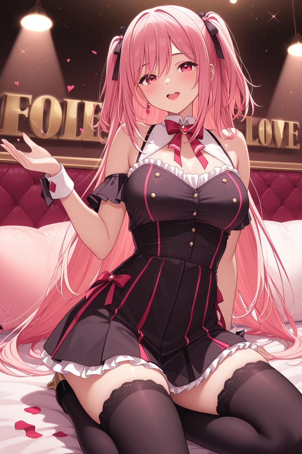 Masterpiece, animerealistic, Top quality, Ultra high definition, Maximum resolution, Very detailed, Professional lighting, kabedon pov, looking at viewer, smug, glowing eyes, One girl, she’s a female oni, she has fangs, hearts around, devilish girl, she has light red hair, pastel pink gothic demoness, pink and red outfit, Very cute, heart tail , long hair, Heart hairclip, a pink red corset top, gothic, accentuated huge breasts, sweat, xoxo hearts, yellow eyes, beautiful eyes, wearing mascara,  Blush, valentines setting, love letter in the background, love in the air, princess heart-shaped pupils, lollipop, candy 