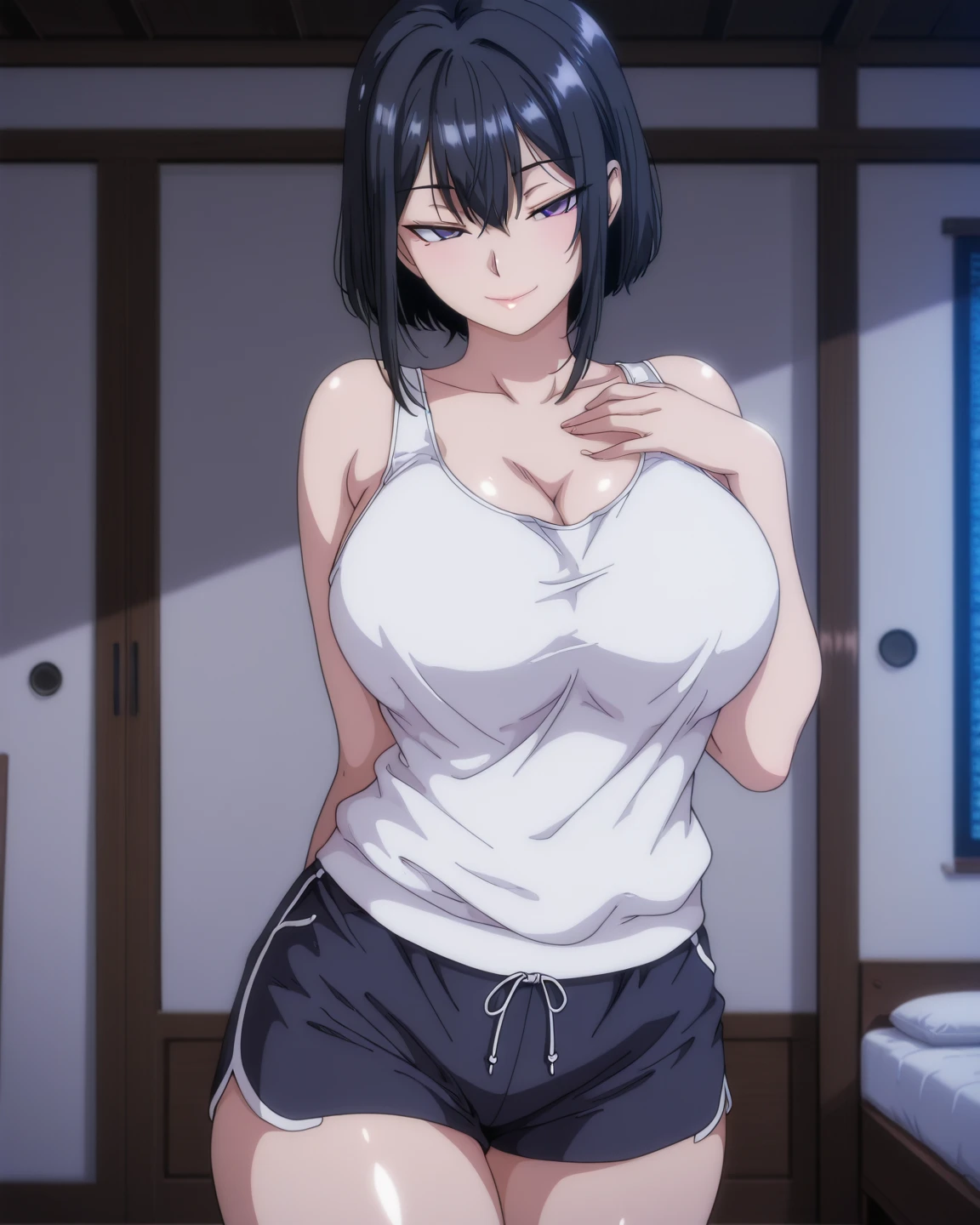 1 milf & 1 man, sex scene, purple and slightly black hair, wearing a black tank top, cynical look, angry face, white background, erotic, full body
