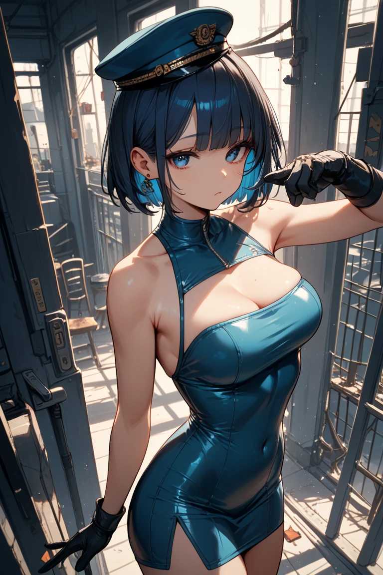 Unified 8K wallpapers, a closeup，portrait of a full body，dynamicposes，Vibrant eyes，opulent，dslr camera，film grains，de pele branca，photorealisim，nffsw, semi transparent((16ｋ,Best Quality, masutepiece, Ultra high definition,top-quality,hight resolution,Ray tracing,PBR,Post-processing,ultra fine photos,sportrait,3D,),(( Dark pink BDSM, Leather maid figure,,Leather miniskirt,Japan anime girls,Remu,Life in another world starting from scratch,Short blue hair,Big breasts that emphasize cleavage:2.0,Thin leg,blue eyess,Elaborate limb representation,well-groomed little nose))((Limbs are２Honzutsu,Number of fingers５Accurately depicted in the book,Accurately capture your feet、Mirror your hands beautifully)Accurately and beautifully express your fingertips、Beautiful fingers of women５Books are also in order.))Express beautiful fingers,A beautiful woman with perfect body,Exquisitely expressed facial expressions,Beautiful fine skin))),(Complex fishnet stockings),pin heels,Leather luster :3.0,Beautiful skin,(bikini-armor、Pink bikini bondage),((tthin eyebrows,long eyelashes,smil,二重まぶた,)),No title required,Do not wear anything on your shoulders,Create beautiful light effects on the background,Light Particle Filter,(finerly detailed face:1.4),(​masterpiece:1.4),(top-quality:1.4), Beautiful fine skin,(Complex fishnet stockings),pin heels,Leather luster 3.0,Beautiful skin,(Red leather corset),((tthin eyebrows,long eyelashes,smil,二重まぶた,Glossy lips)),No title required,Do not wear anything on your shoulders,(((Sitting on the sofa and looking down,Representing a woman looking up from below with a low-angle shot,Woman stares down,)))