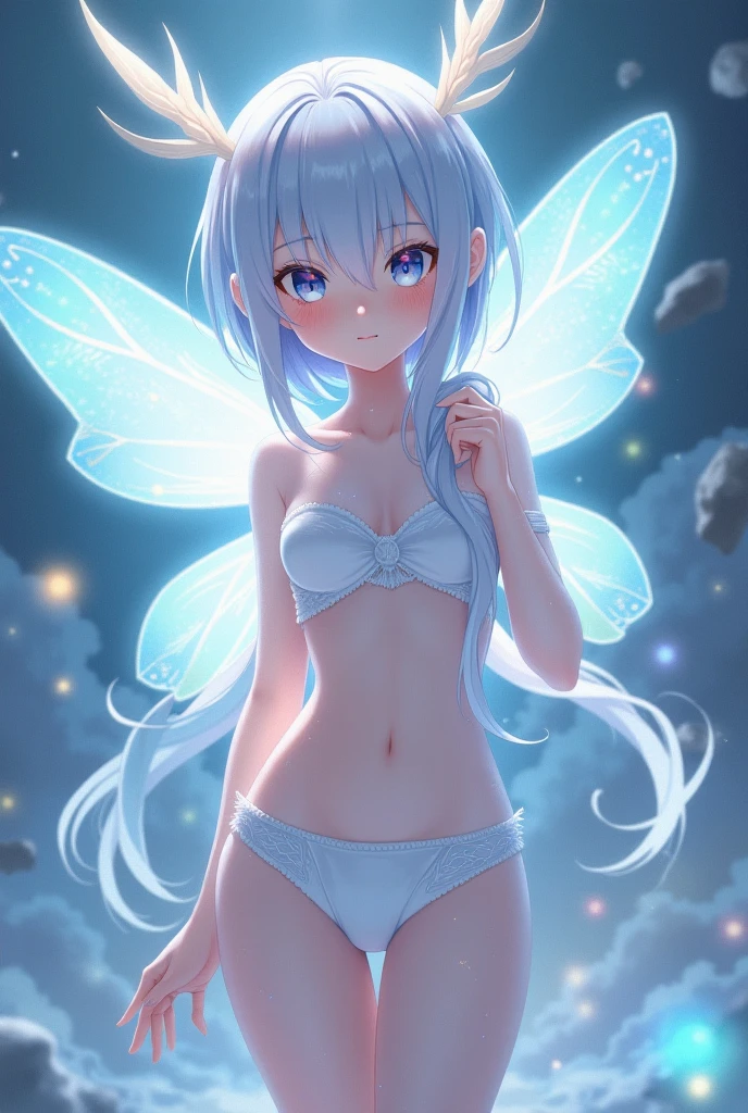 (((close up flower))), A little fairy girl is playing a prank, Wrap your hands around the water、(Flapping its wings, it floats in the air)、(Aerial), (I look up at the girls from the ground.)、(The girls who surrounded me and hugged me)、((Smiling Kindly)), (Pixie)、(Butterfly on the back々Feathered)、Very little fairy、((Little fairy))、low length、(thin)、((5 years old girl))、(Transparent fair skin), (((child girl)))、Wavy、(Blue Hair)、ponytail、Red scrunchie、((Forehead))、Big eyes、Grey Eyes, (Micro Bikini), ((Angle from below1.5)), light pink tights、navel、(A transparent cloth is wrapped around the waist.)、(Thighs), crotch、foot, ((At the Forest Springs)), (Angle from the bottom of the girl), (In the woods)、((Catching dripping water with both hands))、((Scoop water with both hands))、