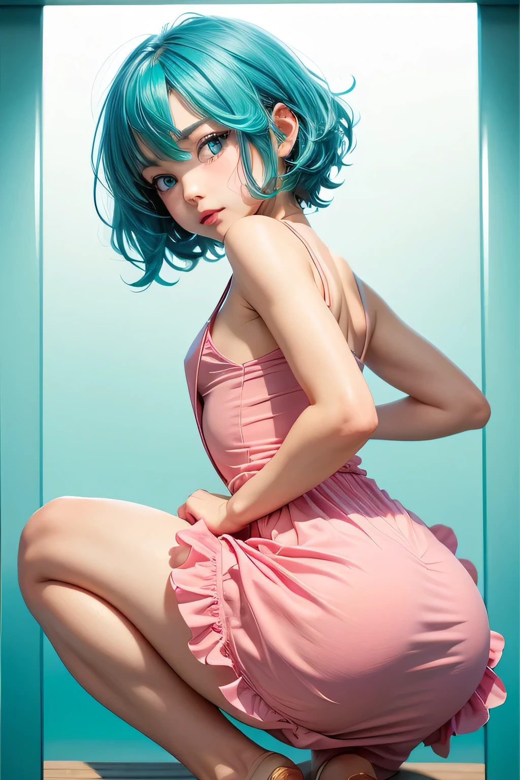 Femboy,otoko no ko,((flat chest)),(blue Aqua) hair, (short hair), blue eyes,cute face, shy face,smooth skin, sexy body, hot butt, gold frilled dress, short dress,pink dress, hot pose, sexy fose,  lily background golden frame 
