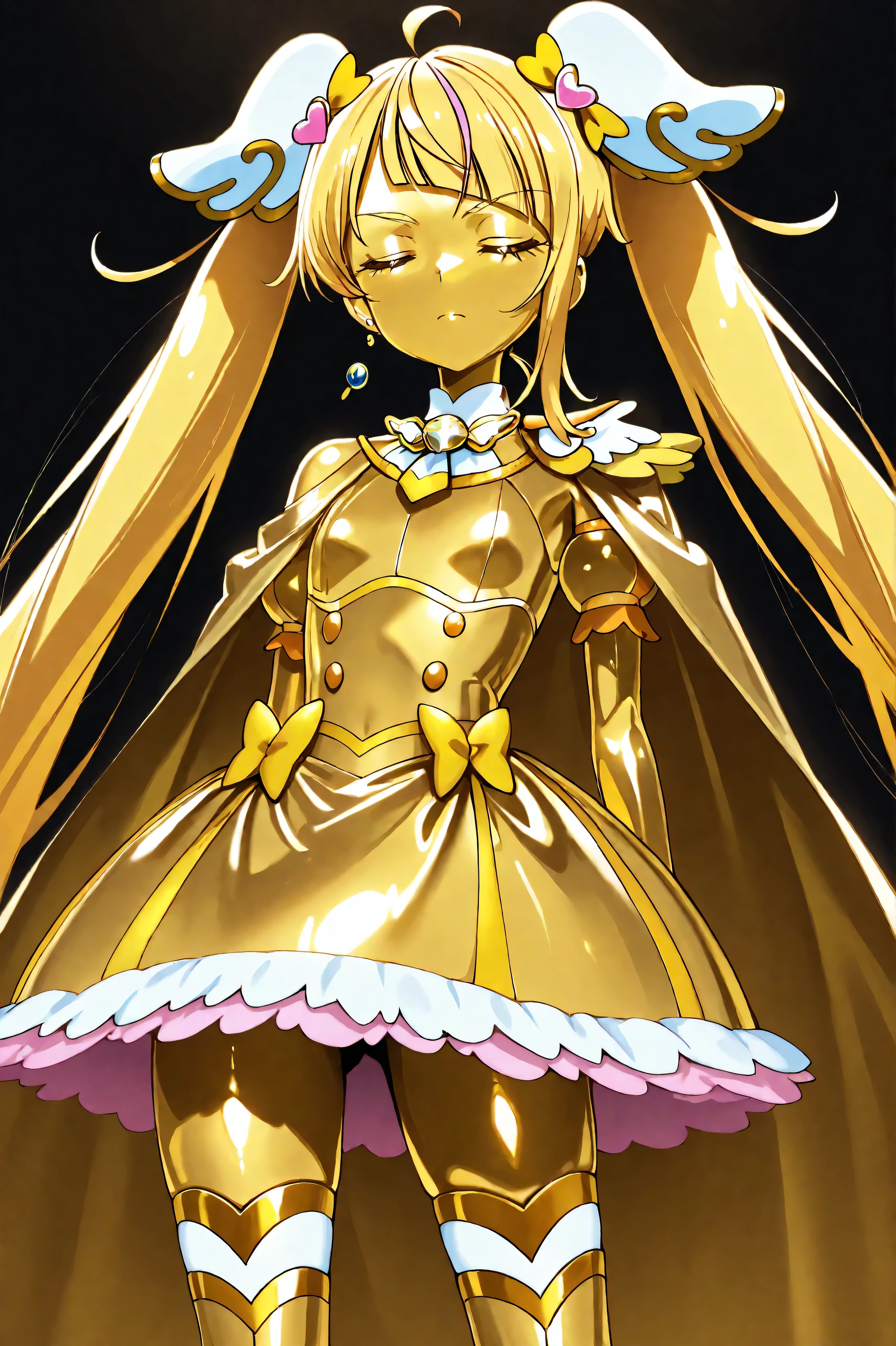 Cure Sky, masterpiece, best quality, Newest, very high definition, closed eyes, yellow hair,  yellow sclera, closed mouth, No students, Yellow skin, glossy skin,  metal skin, Black eyebrows, Slanted eyebrows, 1girl, solo, cowboy shot, standing, dynamic, watching viewers, sleeping, Serious Expression, black background, Hands on Her Hips, Gold_butterfly hair ornament, Long Hair, Gold_Knee Socks, 太ももまで長いKnee Socks, Magical Girl, Gold_skirt,  under skirt, hair ornament, Gold_gem, Gold_gloves, Gold_twin tails, Gold_ribbon, golden hair ornament, Gold_cloak, metallic outfit, Everything you wear on your body is gold