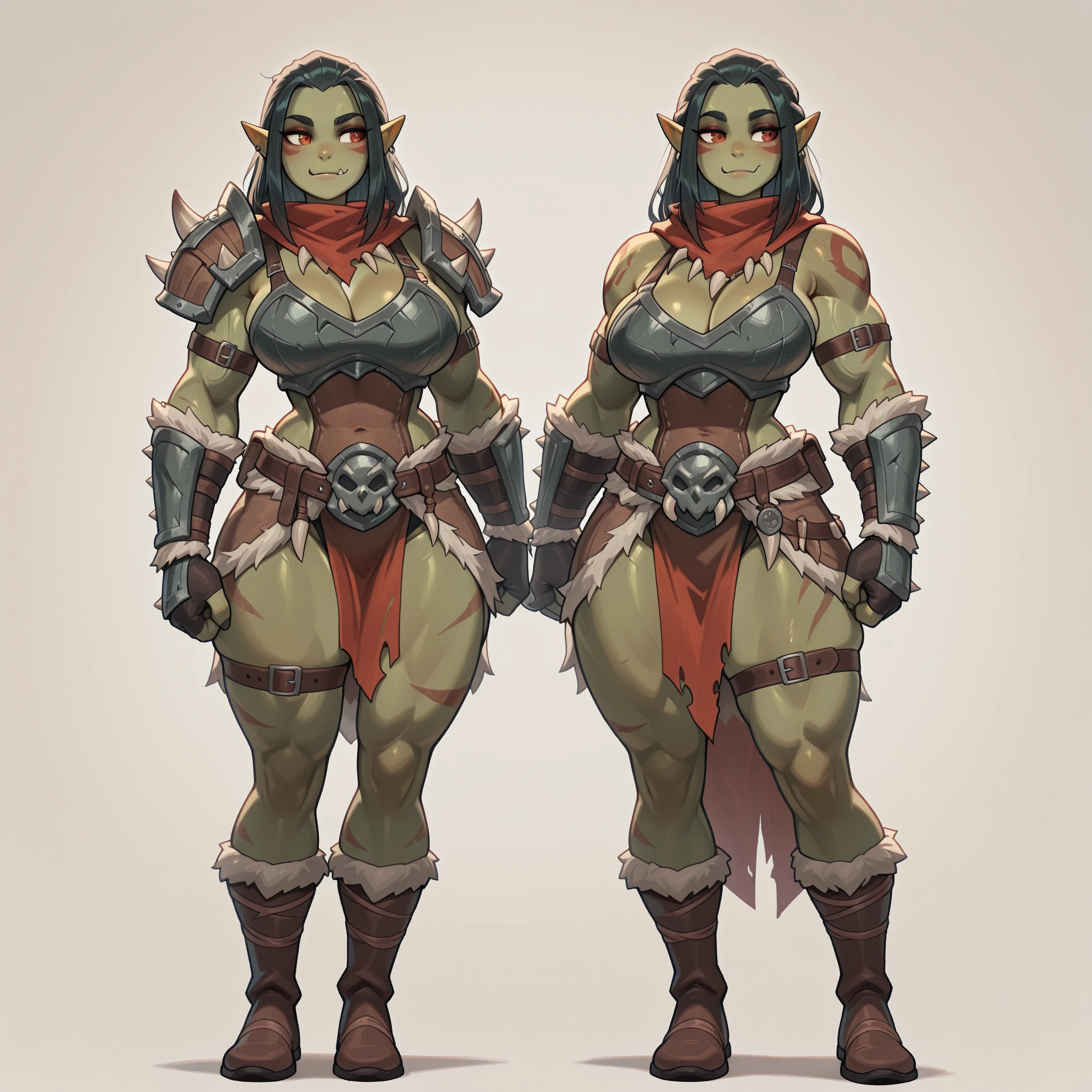detailed, character sheet, same person, "high quality, strong and fierce orc barbarian with boots with dark brown skin, well-defined muscular legs and large hips" ((fullbody)) ((((tall)))) (((barbarian armor))) ((earring)) (solo)