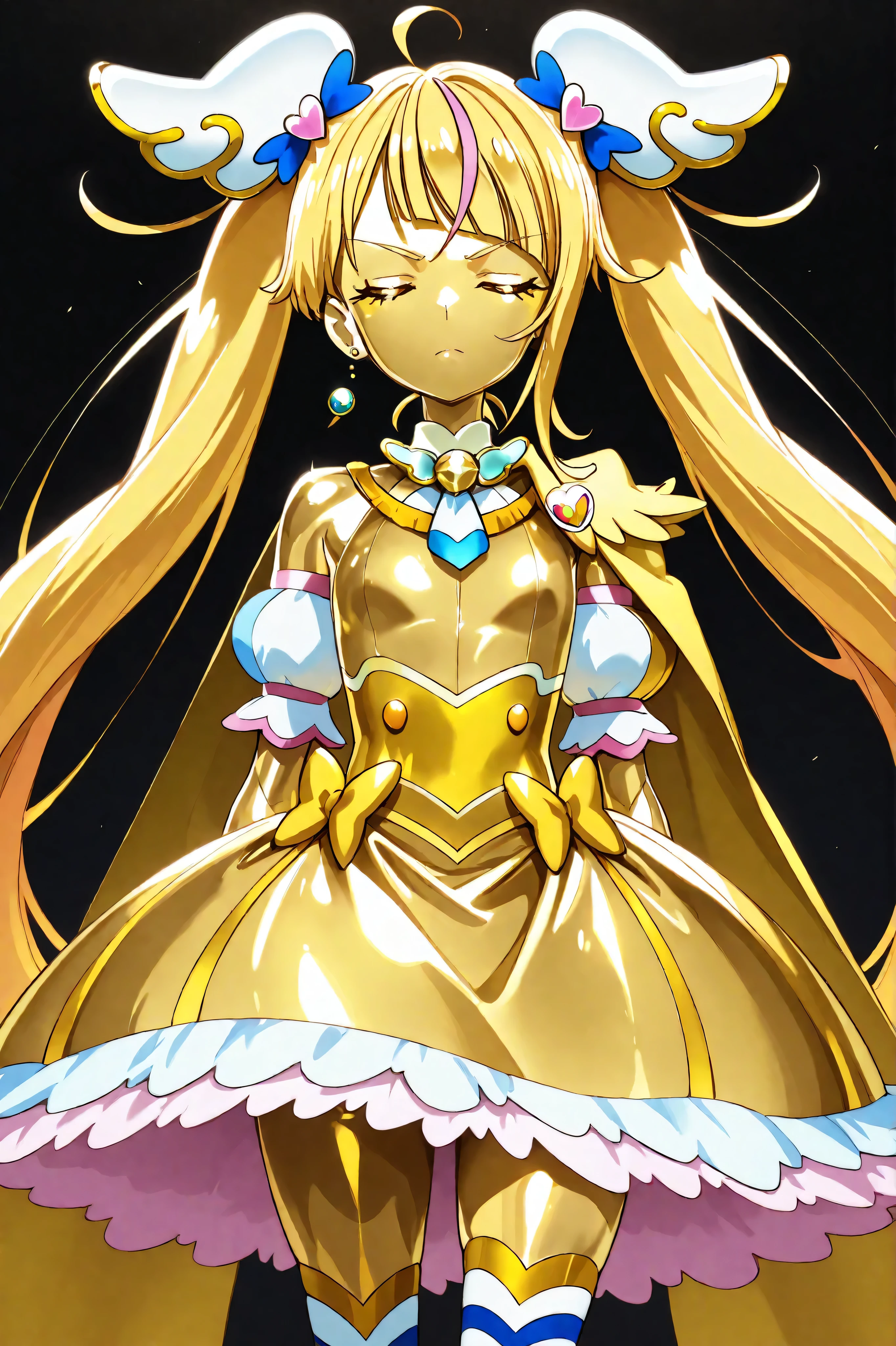 Cure Sky, masterpiece, best quality, Newest, very high definition, closed eyes, yellow hair,  yellow sclera, closed mouth, No students, Yellow skin, glossy skin,  metal skin, Black eyebrows, Slanted eyebrows, 1girl, solo, cowboy shot, standing, dynamic, watching viewers, sleeping, Serious Expression, black background, Hands on Her Hips, Gold_butterfly hair ornament, Long Hair, Gold_Knee Socks, 太ももまで長いKnee Socks, Magical Girl, Gold_skirt,  under skirt, hair ornament, Gold_gem, Gold_gloves, Gold_twin tails, Gold_ribbon, golden hair ornament, Gold_cloak, metallic outfit, Everything you wear on your body is gold