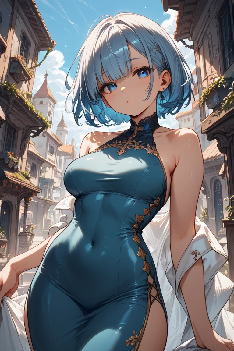 (masterpiece), 1girl, solo, best quality, expressive eyes, perfect face, (huge breasts), short hair, blue eyes BREAK light blue hair BREAK (pale skin), side cut, red glasses BREAK ((mature woman, mature female)), (GILF), lipstick, (greek clothes), cleavage, standing, white dress, navel, jewerly, ((greek clothes)), bare shoulders, necklace, earrings, cute smile, blush, closed_mouth, grass, ((ruins)), landscape, outdoors, cloudy_sky, looking at viewer, facing viewer, smirk, closed mouth