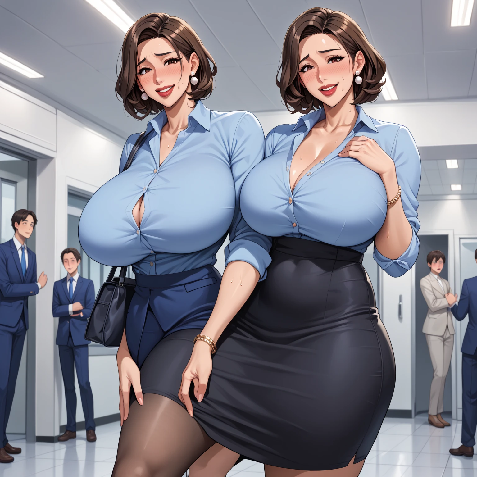 multiple thick body big breast females, some females standing and some females squatting side by side, females wearing business jacket with dark blue skirt open center show panties, females wear red panties, females (spread her legs), nsfw, show transparent bra, in business meeting room with glass window view of city, back view