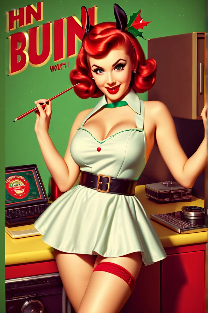 Photo of pin-up girl Margot Louise "Margaux" Hemingway, red big lips, big eyes, beautiful body sexy and emotional, She has dark curly hair, creating a mysterious and sexy image. The model is wearing a white towel with her hair styled in a pin-up style. "victory rolls" and curly bangs. Her plump red lips make her look sexy. She has average breast size. Wearing a green top She pretends to be a pin-up model, posing in various sexual positions. on a white background, on the legs - red stockings. The photo is made in pin-up style, emphasizing the retro-USA vibe. Her lips are folded into a bow, she blows a kiss, adding a special charm to photos. her mouth is open she is laughing open mouth surprise holding a washcloth in her hand