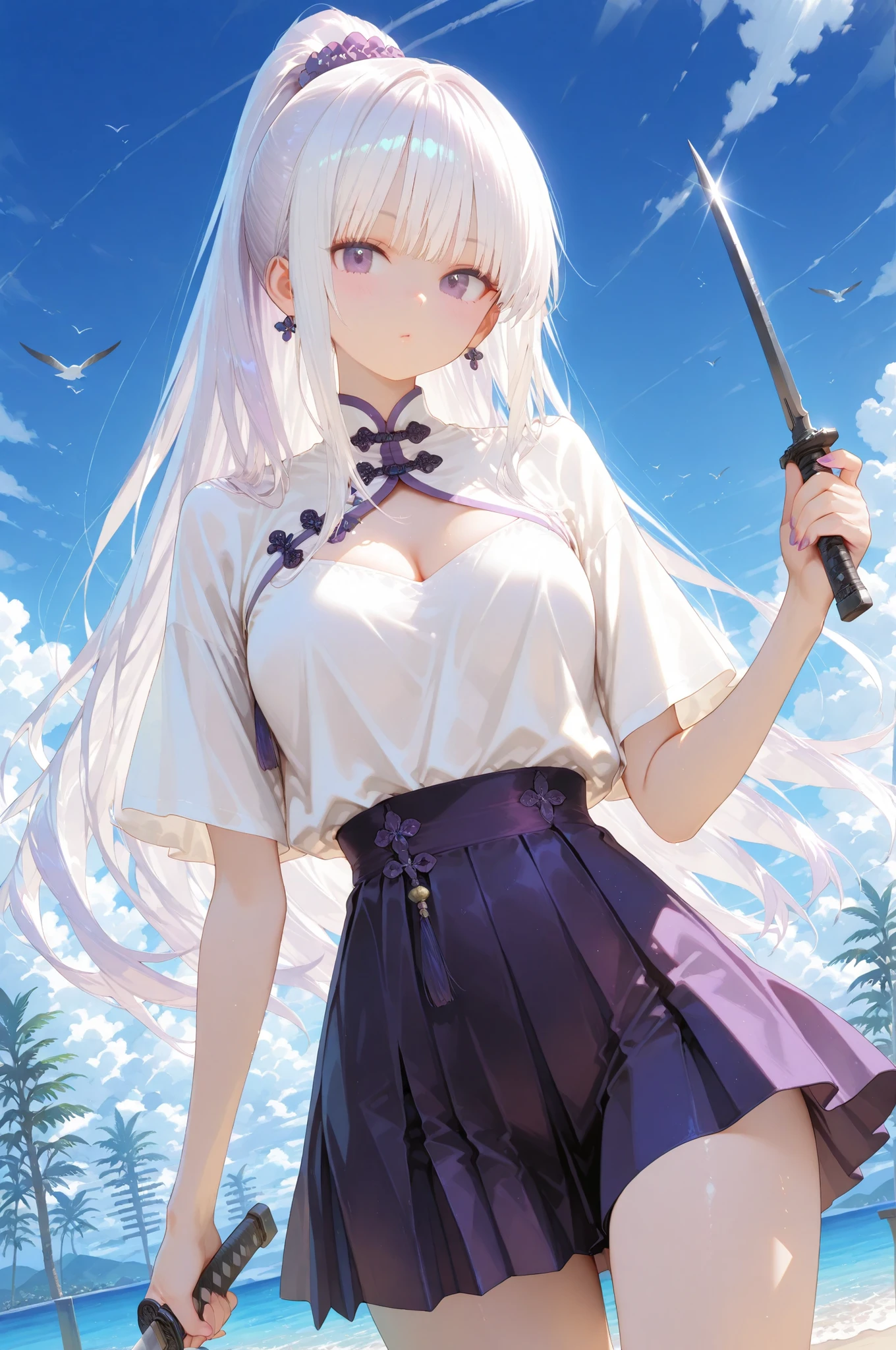 masterpiece, best quality, <lora:ZeroDrakenGardV3:1>, WhiteOutfit, 1girl, flower over eye, long hair, breasts, white hair, medium breasts, red eyes, outdoors, holding sword, sleeping upright, leaning on weapon