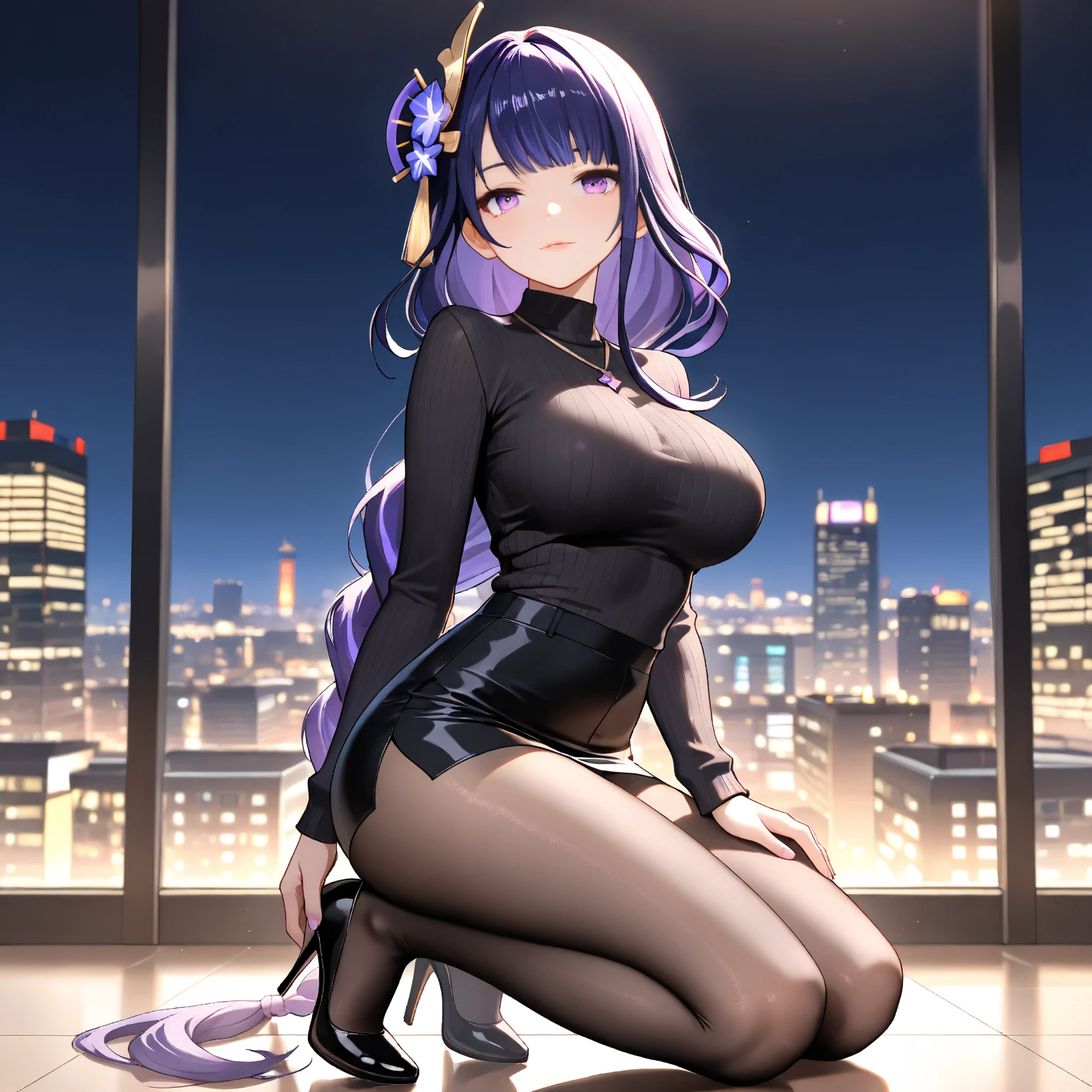 woman, very dark purple hair, purple eyes, long hair, large breasts, very long dress, very tight dress, standing straight, (wetting herself:1.5), best quality, ultra-detailed, HDR, studio lighting, professional, vivid colors, sharp focus, bokeh, landscape, office, night, window, cityscape, colorful city, neon lights, futuristic, science fiction, soft lighting, dynamic shadows, (embarrassed:1.5), (humiliation:1.5), b(lushing:1.5), (angry:1.25), (tears:1.5), facing viewer, (hands on hips:1.5)