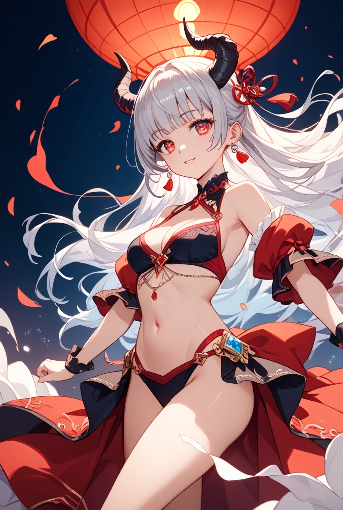 (masterpiece, top quality, best quality, official art, beautiful and aesthetic:1.2), Extreme detailed,Sexy Demon, 1 girl, large breasts,sexy lingerie, (2 small oni horns:1.6), flames around, glowing body,  , Colorful, Highest detailed, Cold light,  tatoos