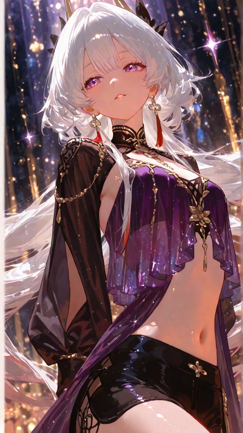 One Girl, Long Hair, Light Hair Color, Captivating eyes, Mysterious look, Mature Appearance, Attractive dress, loose fitting dress, Elegant Jewelry, Elaborate decoration, Magic symbols, Glowing Accessories, part, scroll, Cute accent,ribbon, Magical Effects, Crystal Jade, Particles of light, Rubik'square,