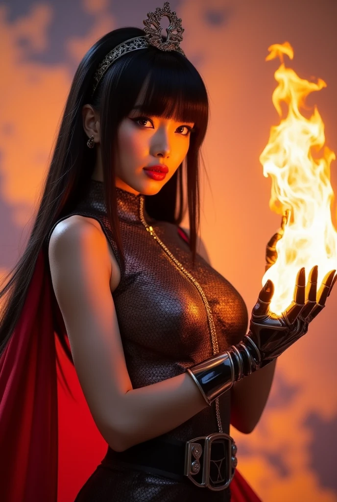 "Illustrate Gwen in her Eternal Flame skin from League of Legends by Riot Games, no having clothes,dressed in a fiery, red and gold outfit with glowing accents and her flaming scissors, have massive k-cups, in a blazing, volcanic landscape with molten lava and towering flames."

