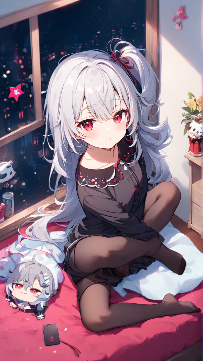 a woman with long silver hair, red eyes((like ruby)), medium breasts, sexy body,((pajamas)), long sleeves((buttoned))((detail)), graceful position((gallant)),, With  ((cold gaze)),((Blushing )),((shy girl))