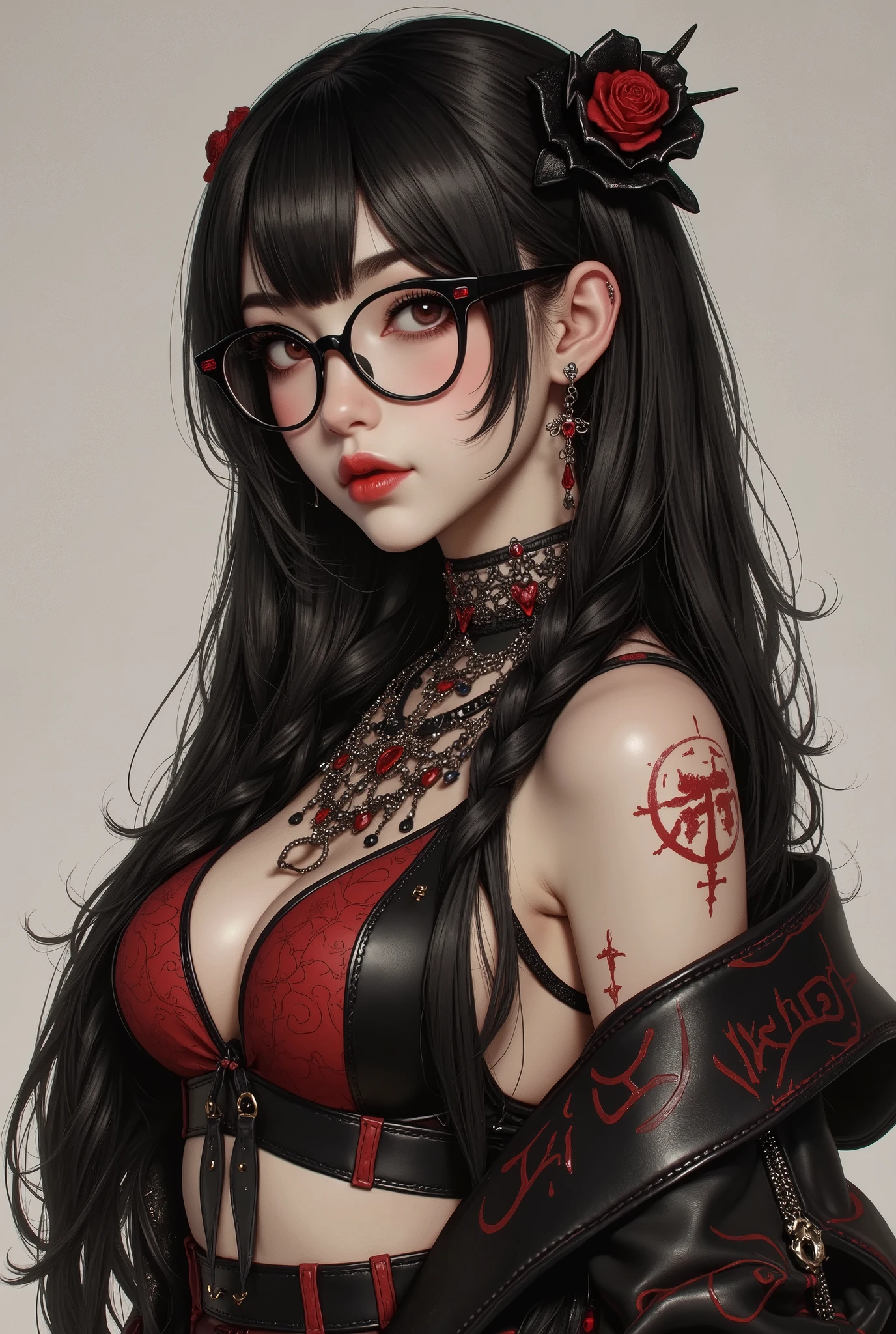 Are you okayですかですか、(best illustrations)、8k UHD resolution、intricate details、highest quality、realistic、Super detailed、best lighting、best shadows、soft lighting、Ultra HD、超realistic、Tyndall effect、Photoreal、(high detail skin:1.2)、 (intricate details, compensate, face to face with the children_v1:0.5), (Are you okay, beautiful and delicate face, Are you okayですか, beautiful and delicate eyes, perfectly proportioned face, high resolution skins, fine skin, Optimal ratio of 4 fingers and 1 thumb, arm under chest, red tattoo on lower abdomen、Wow wow, wide hips, smooth abdomen, thin and thin skin, __fashion__, __hair__:1.25)、Digital single-lens reflex camera、 absurd、(table top: 1.3), (maximum resolution: 1.2), (Ultra HDTV: 1.2), cinematic light, fine eyes and skin, detailed facial features, , (sharp focus: 1.2), (focus on the face:1.2),perfect style, beautiful face, acura, anatomically correct, Highly detailed face and skin texture, fine eyes, double eyelid, thin eyebrows, glitter eyeliner: 1 natural cheeks, Glossy skin, Fair skin: 1.2, (glossy lips: 1.4),(embarrassed look: 1.2),Highly detailed face and skin texture, fine eyes, double eyelid, natural cheeks, glossy lips: 1.4,exposed cleavage、Bewitching。Charm、 Beautiful devil woman from hell, Surreal female portraits by David Hockney and Alphonse Mucha, Charm女性の肖像画、fantasy art, Chinese humanoid、chinese actress、dungeon、dragon、devil'palace of、devil'torture chamber、night、dark style 、in the dark、(detailed spooky background:0.8), magic、 1 girl、evil nun、dark necromancer、Succubus、devil'Daughter of、Shinonome Umi、bat wings,(((devil'horn)))、 ((((giant glasses, otaku glasses, thick glasses, round glasses)))),(((big breasts)))、(devil'tail of)、(red eyesは光り輝いて:1.6)、red eyesは非常に鮮明で詳細です, Your eyes are made up so beautifully, ((red eyes:1.0)),intricate tattoo, demonic intricate tattoo, tattoo on thigh, body tattoo, masterpiece、最もbeautiful face、baby face、cute smile、beautiful plump red lips、筋肉のCharm体、devilのCharm体、devil style、Charmブラックマジックコスチューム、The long-haired、Braid、Black hair、Ponytail distortion、, Ponytail with a bow tied at the back of the hair, beautiful expression、body up、big breasts強調、bust, super tight chest, Breast augmentation surgery, Breasts are very big and round,tight waist、wide ass、 private key, cowboy lens, (black phoenix dress: 1.0), devil crown, red sparkling gemstone necklace、Jewelry G Wise, Please wear black mesh socks,Wearing light red、nffsw, nffsw, meet beautiful girls, look at the girl'body of,