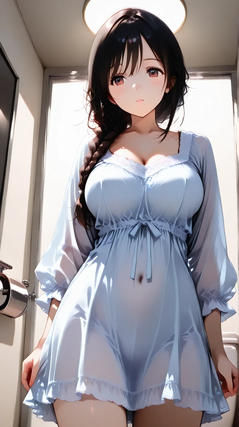 Transparent sleepwear dress, big breasts, marked nipples