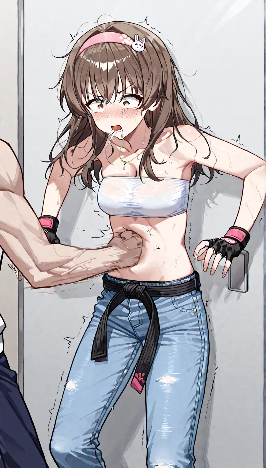 1woman, CARTOON_barbara _ownwaifu,cell Shading,anime coloring,black tank top, assaulted by a scary man,masterpiece,best quality,.ownwaifu.com,long hair,glasses,red hair,blue eyes,black-framed eyewear,breasts,under-rim eyewear,semi-rimless eyewear, curvy, toned, large breasts, narrow waist, (((she is brutally punched in the face:1.2))), (((monstrous men punching her cheek:1.2))), (((knocked in the face))), (((assaulted))), pain, (((her cheek is deformed by the violent impact:1.3))), (((strangled woman view:1.2))), (((torn clothes))), (((exposed naked breasts))), (((fast hitting movement effect:1.2))), (((cameltoe panty:1.2))), (((white panty:1.2))), (((small breasts))), (((hands tearing ripping her clothes:1.2))), (((cheek deformed by violent punch hit impact:1.4)))