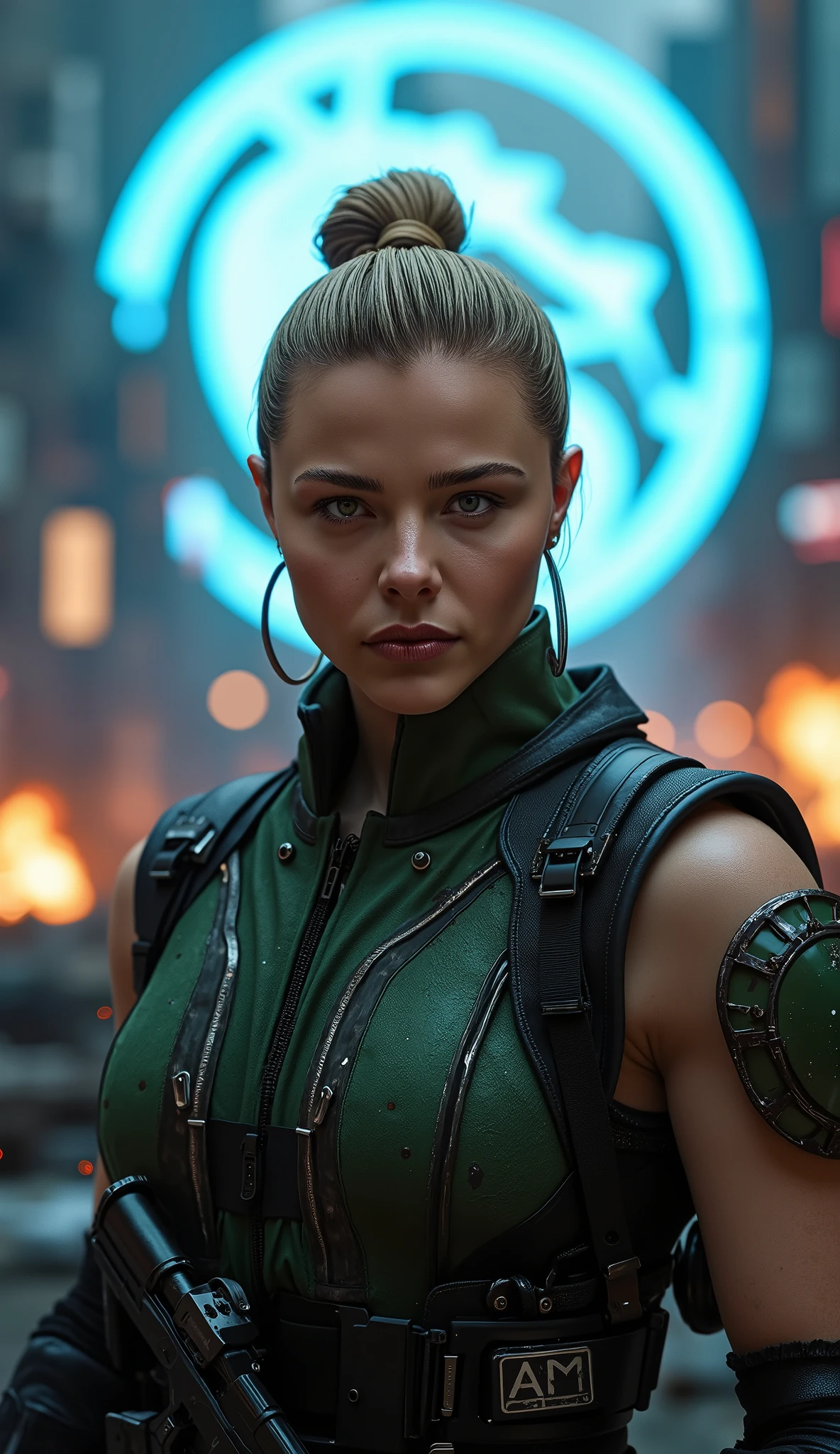 Chloë Grace Moretz as Cassie Cage from Mortal Kombat, wearing tactical combat armor in dark green and black with metallic accents, fingerless gloves, and utility straps across her chest. A holstered pistol rests on her shoulder harness. Ultra-realistic 4K chest-up shot, sharp focus on facial expression and armor details. Background: futuristic war-torn cityscape with burning buildings, broken drones in the air, and a massive glowing ‘APEX’ hologram in electric blue looming above the skyline.