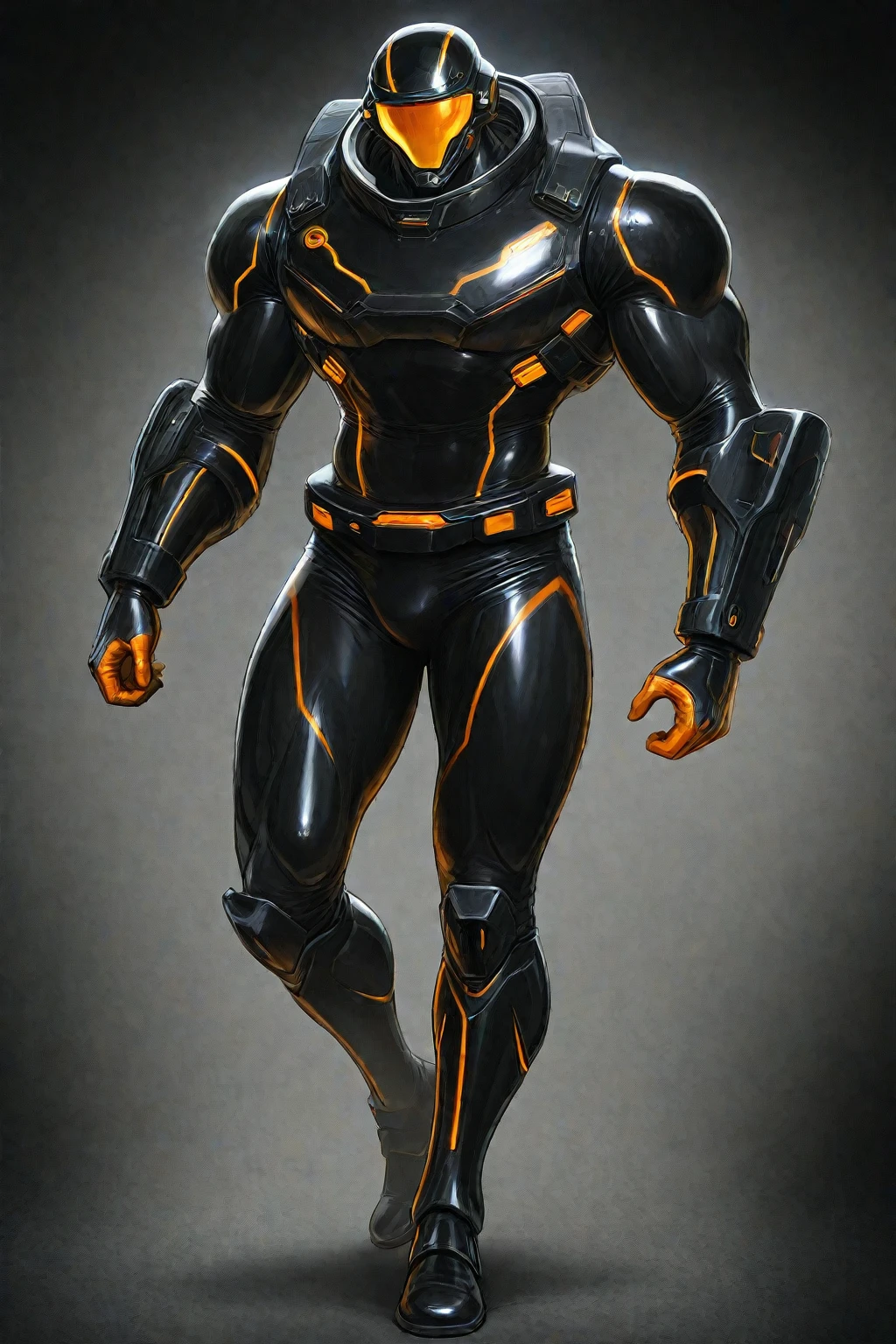 Character of the gender: masculine
### **Clothing and Equipment:**
- **cybernetic armor:** Multiple parts of 87's body are covered in cybernetic armor plates integrated into his body., especially on the shoulders, forearms, torso and legs. These plates are made of a dark metallic material and have a futuristic design, with visible circuits that emit a faint glow when he uses his enhanced abilities.
- **muka:** His face is covered by a helmet with a highly technological and futuristic visor, the helmet is dark colored with a dark visor with a yellow LED on the top of the visor, attached to the helmet are some equipment such as flashlights and lasers.
