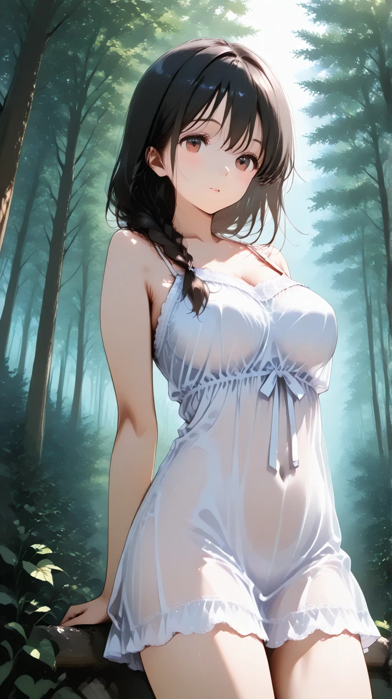 a girl in dark forest, at night