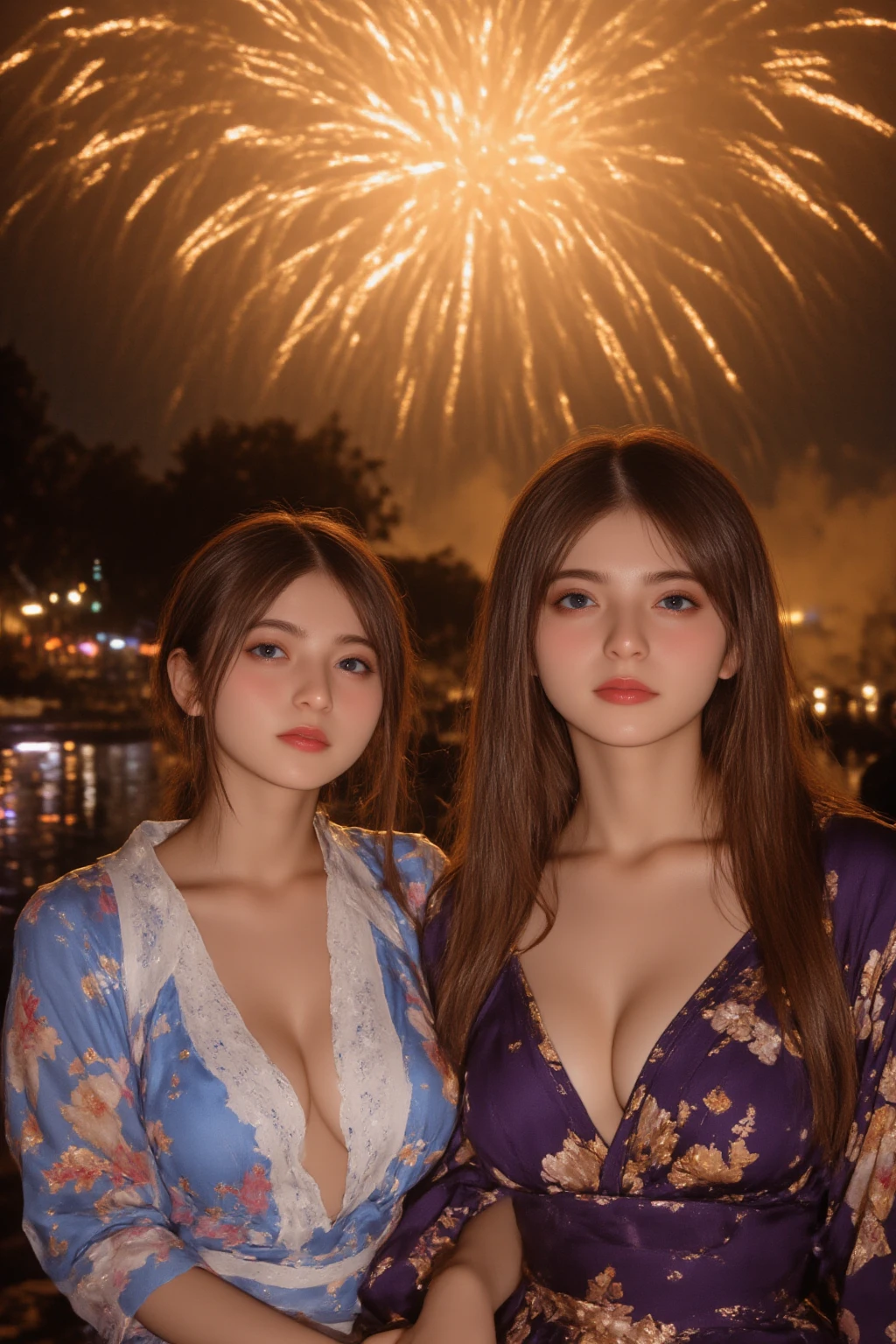 (3 girls),(Beautiful mature woman),(Flower Hair Ornaments,The top knot is woven with a floral pattern.,Side twisted ponytail,Floral braided headband,half up、Braided Space Bread with Flower Pattern,Braid a large fishtail.,twist pan,),(Bangs are bangs that are see-through.),Very delicate and beautiful hair,big breasts,(((Emphasize the chest:1.3))),(Dynamic angle),(Dynamic and sexy poses),laughter、,((( tight knit dress:1.3)))、Fireworks are launched into the sky against the backdrop of a riverbank at night..、cute round face,,(table top,Highest quality,Ultra high resolution output images,) ,(8k quality,),(Sea art mode 2.1),(Picture mode: Ultra HD,)