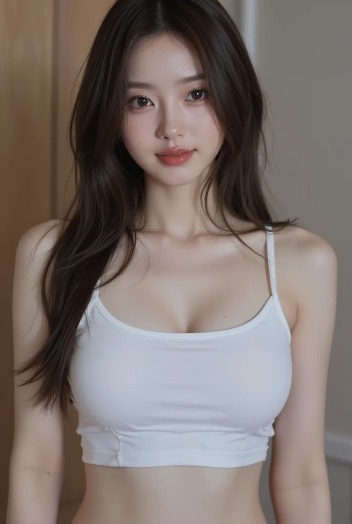 （Lifelike， A high resolution：1.3）， 1 girl with a perfect body， Super fine face and eyes，long whitr hair， Tank top of random colors：1.2， short jeans pants， Bigboobs，Expose cleavage