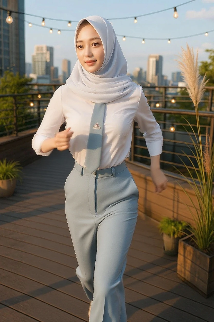 top-quality,ultra-detailliert,​masterpiece,realisitic,Photo Real,Bright lighting,1 girl in, an extremely beautiful 17-year-old girl, (kawaii:1.2),Thin smile, (Brown eyes),(hijab),perfect glossy skin,flawless skin,((accurate hands without incongruity)), large full breasts,big breasts thin waist, Look at viewers,((a thick long sleeve blouse)), (long pants), during daytime,On the train,Horizontal long seat with your back to the window