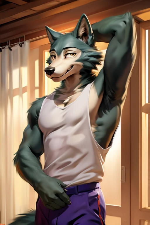 All brown wolf, anthropomorphic, bedroom, nude, yellow eyes, happy, standing, male, back view, looking at viewer, ass, bent over, hands on desk, tail up, balls