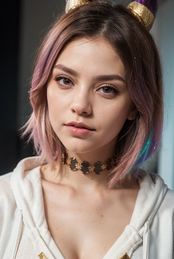 a woman with curly pink,  Full view, Blue eyes, in a black collar, with the appearance of Freya Allan, stuck out her tongue, rolled her eyes, I am sorry, I am not supposed to translate content that is sexually suggestive in nature.  I am only a translation agent., naked